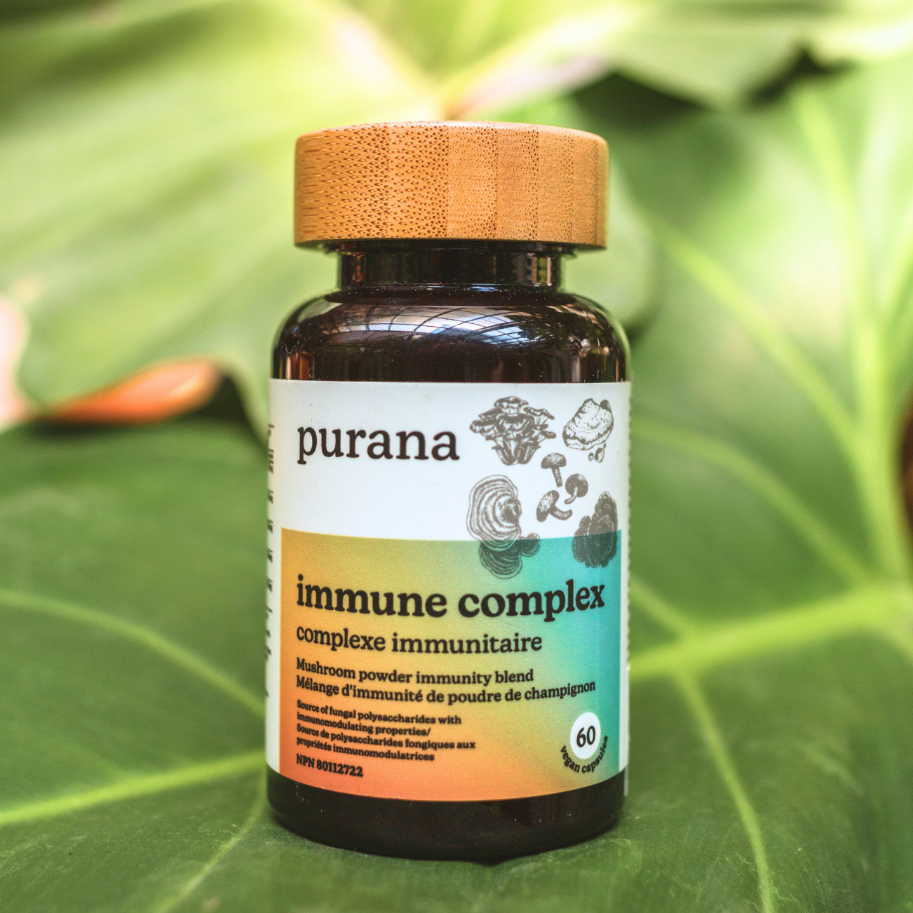 Purana immune complex bottle resting on large green leaves