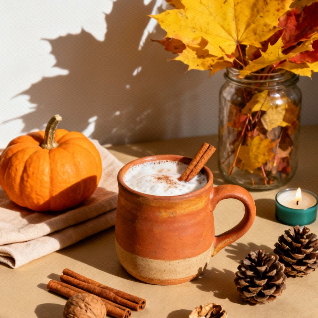 Pumpkin spice latte in a rustic orange mug with a cinnamon stick, a small pumpkin, autumn leaves and pine cones