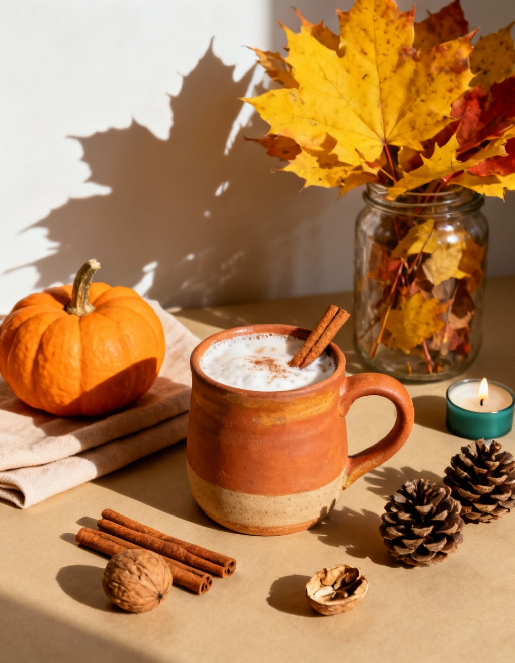 Pumpkin spice latte in a rustic orange mug with a cinnamon stick, a small pumpkin, autumn leaves and pine cones